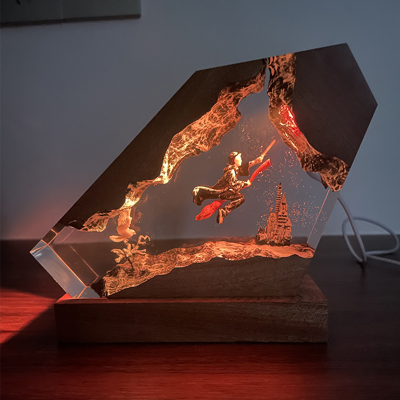 Desk Setup Lamp - Wood Resin Epoxy Lamp Wizard Boy