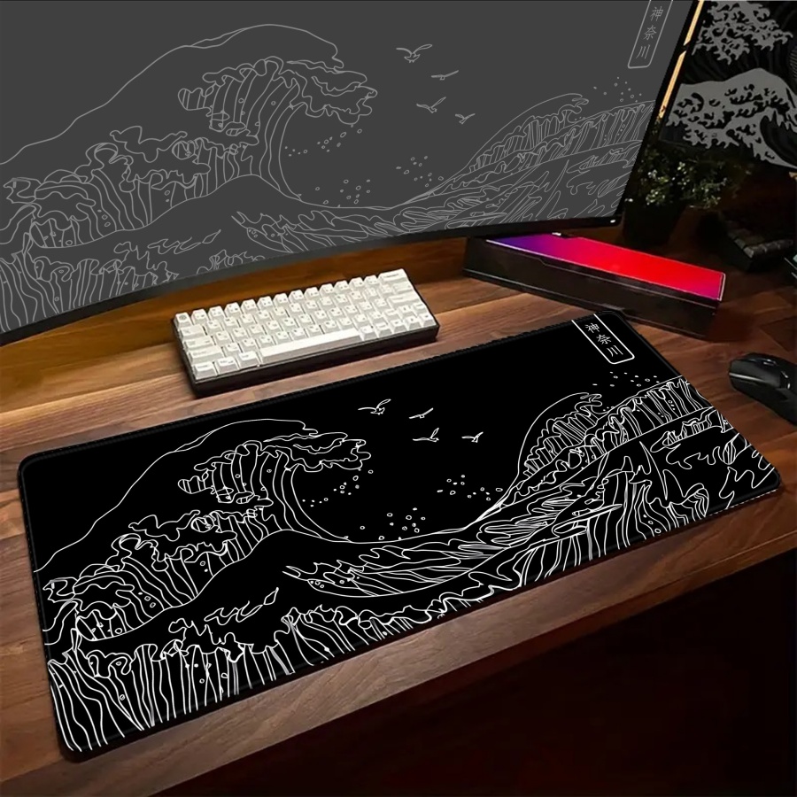 Desk Setup Pc And Laptop - Pc Gamer Mousepad Great Wave Keyboard